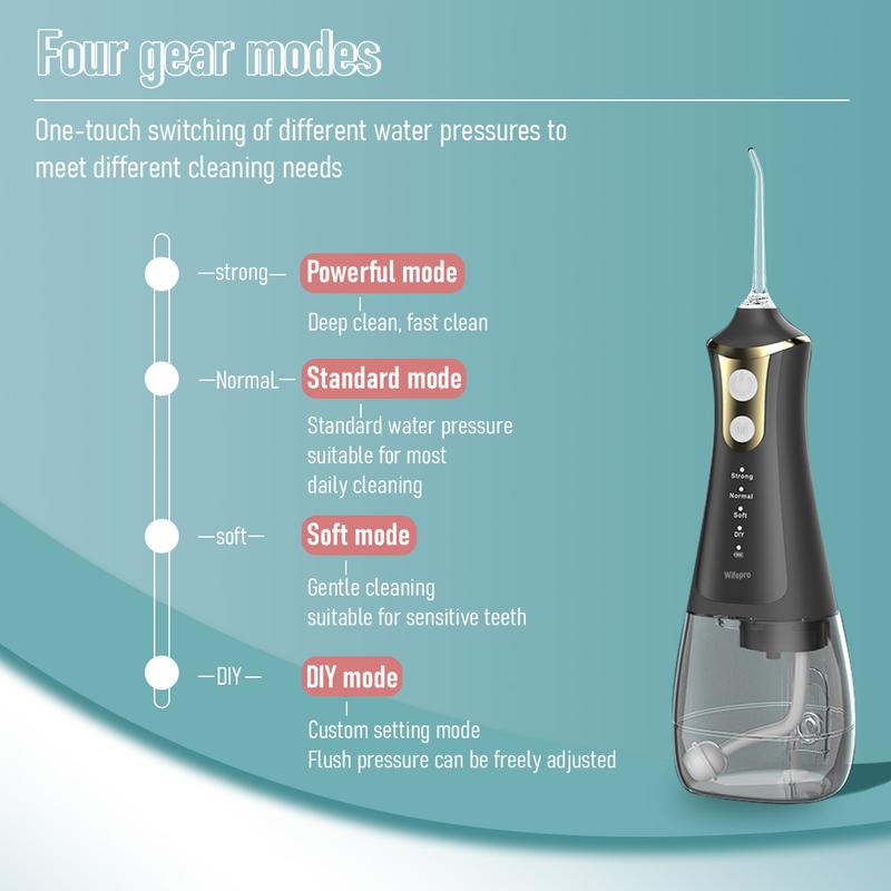 Wifepro Cordless Select (L11) Oral Irrigator Water Flosser 300ML Water Tank 4 Cleaning Modes 5 Replaceable Jet Tips and Storage Bag Mothers Day Gifts Daily Nozzle Cleansing pulling oil