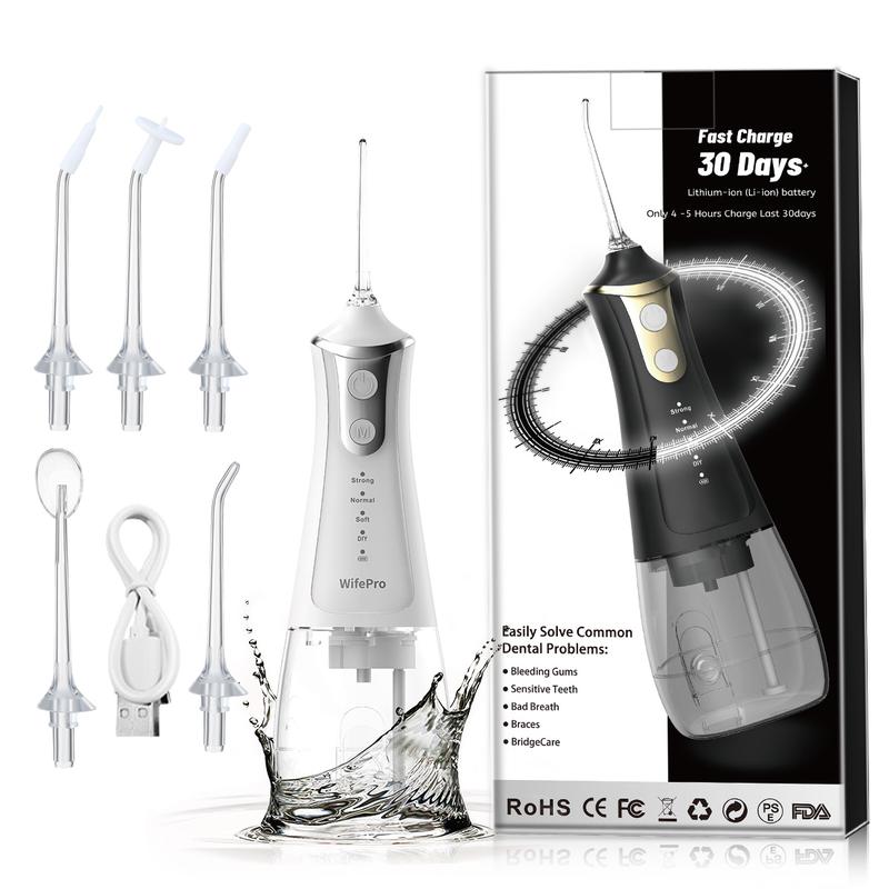 Wifepro Cordless Select (L11) Oral Irrigator Water Flosser 300ML Water Tank 4 Cleaning Modes 5 Replaceable Jet Tips and Storage Bag Mothers Day Gifts Daily Nozzle Cleansing pulling oil