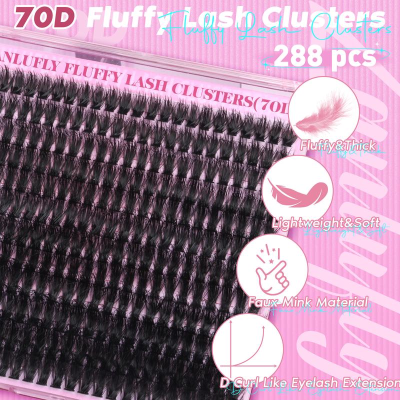 zanlufly Fluffy Lash Clusters Kit D Curl Thick Eyelashes 10-18MM Fluffy Eyelashes Extensions Bond Seal and Remover 70D Lash Extension Kit Cosmetic