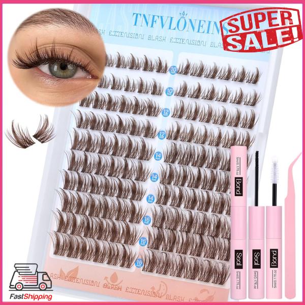 TNFVLONEINS, Brown Lash Clusters Kit Manga Lash Extension Kit Natural Eyelash Clusters Wispy 10-16MM Individual Lashes Clusters Anime Eyelash Extension Kit with Bond and Seal and Tweezers