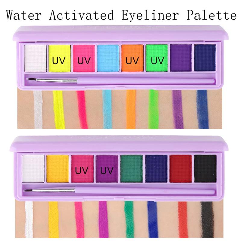 2 Pcs Water Activated Eyeliner Palette Liquid Eyeliner Colorful Set Hydra Graphic Eyeliner Makeup, Neon Face Paint Glow UV Black White Red Body Paint Rainbow Eyeliner(01+02)