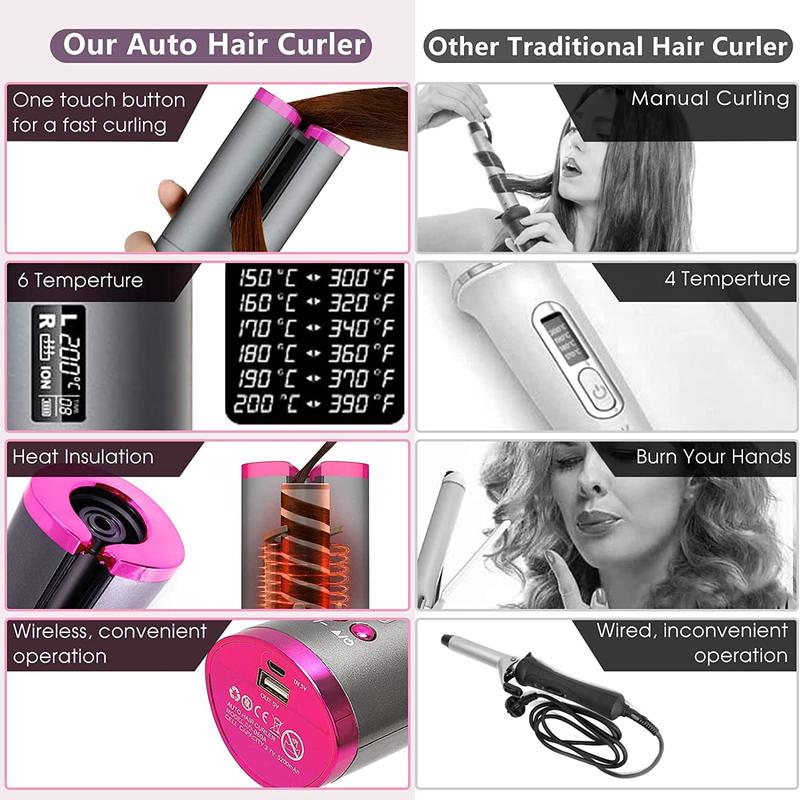 Portable Wireless Hair Curler, Rechargeable Automatic Hair Curler with LCD Digital Display & 6 Adjustable Temperatures, Hair Styling Tool for Home & Travel, Halloween, Christmas, Fall