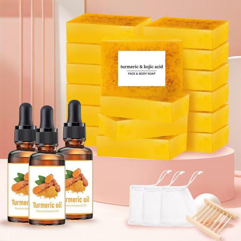 Turmeric Skincare Set, 16pcs set Cleansing Soap & 3 Counts Turmeric Oil & 1 Count Soap Dish & 3 Counts Soap Bag, Body & Face Care for Women & Men