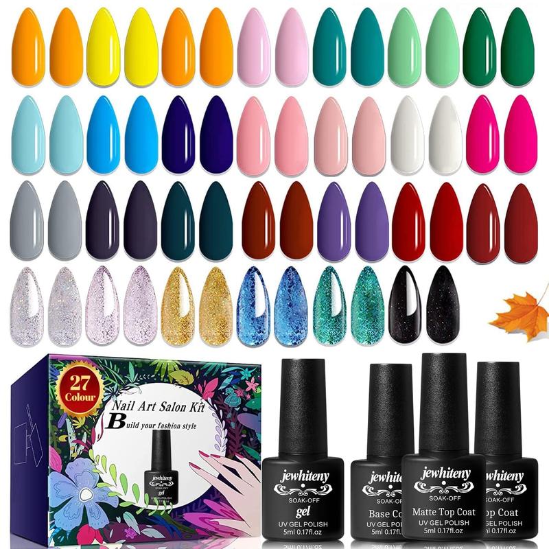 JEWHITENY 30PCS Nail Polish Kit 27 Colors Green Blue Pink Orange Gitter Sock Off Gel Polish with Matte& Glossy Top Base Coat for DIY Nail Art Manucure at Home Salon