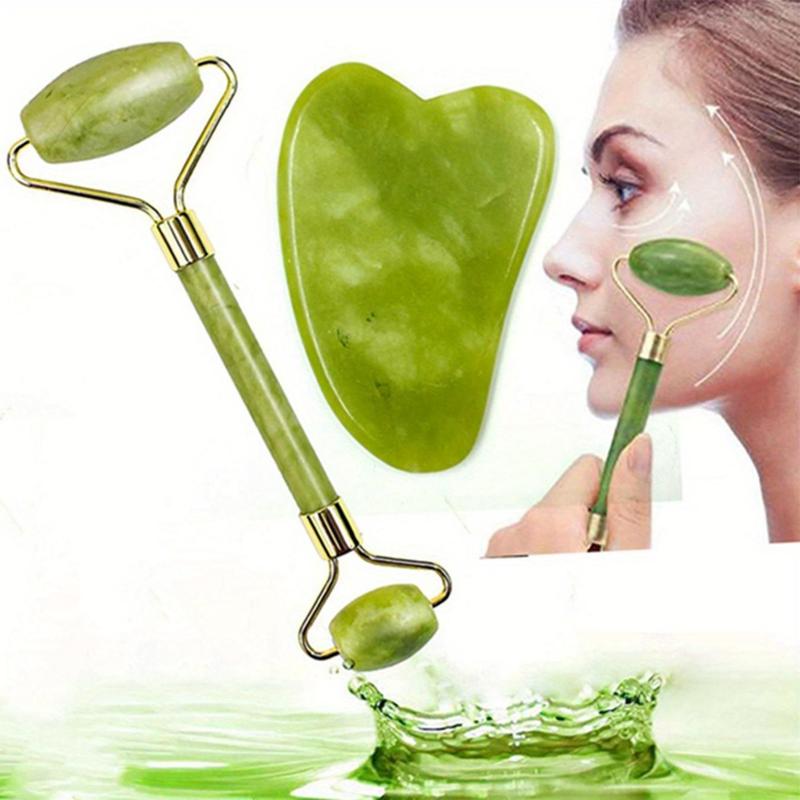 Natural Jade Roller Massager for Face, Eye, Neck, 2 Counts set Manual Massage Tool for Reduces The Look Or The Signs Of Aging, Gua Sha Massage Tools