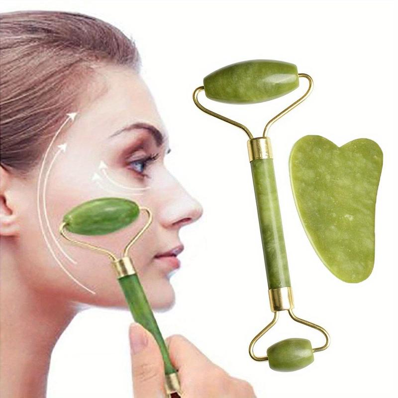 Natural Jade Roller Massager for Face, Eye, Neck, 2 Counts set Manual Massage Tool for Reduces The Look Or The Signs Of Aging, Gua Sha Massage Tools