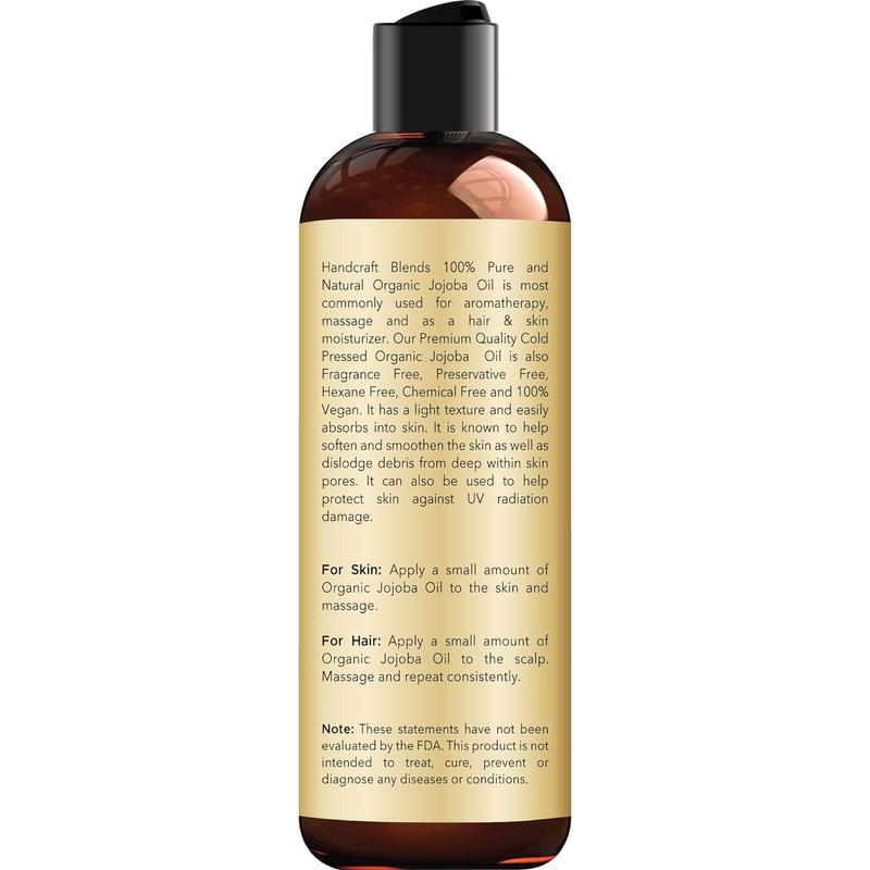 Handcraft Blends USDA Organic Jojoba Oil - 8 Fl Oz - 100% Pure and Natural - Premium Grade Oil for Face, Body and Hair - Anti-Aging Oil - Cold-Pressed and Hexane-Free - Packaging May Vary Handcraft Blends Handcraft Blends