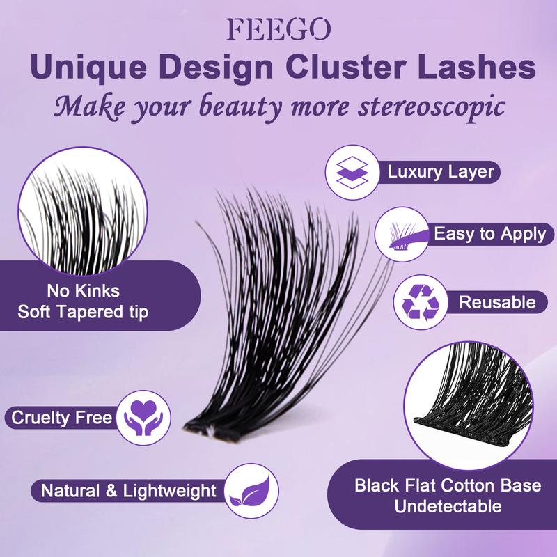 FEEGO Thick Lash Extension Kit Fluffy Lash Clusters 100P 10-18MM Eyelashs Extension Kit curling mascara Lash Extension Kit with Bond and Seal Glue, Lash Applicator DIY at Home for Beginner Makeup Cosmetic Eyelashes Extensions