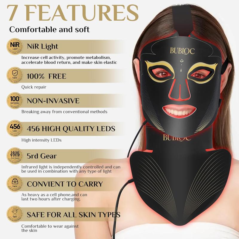 Red light mask set, 7-color LED mask, five-level brightness adjustment, suitable for face and neck, portable mask with power storage