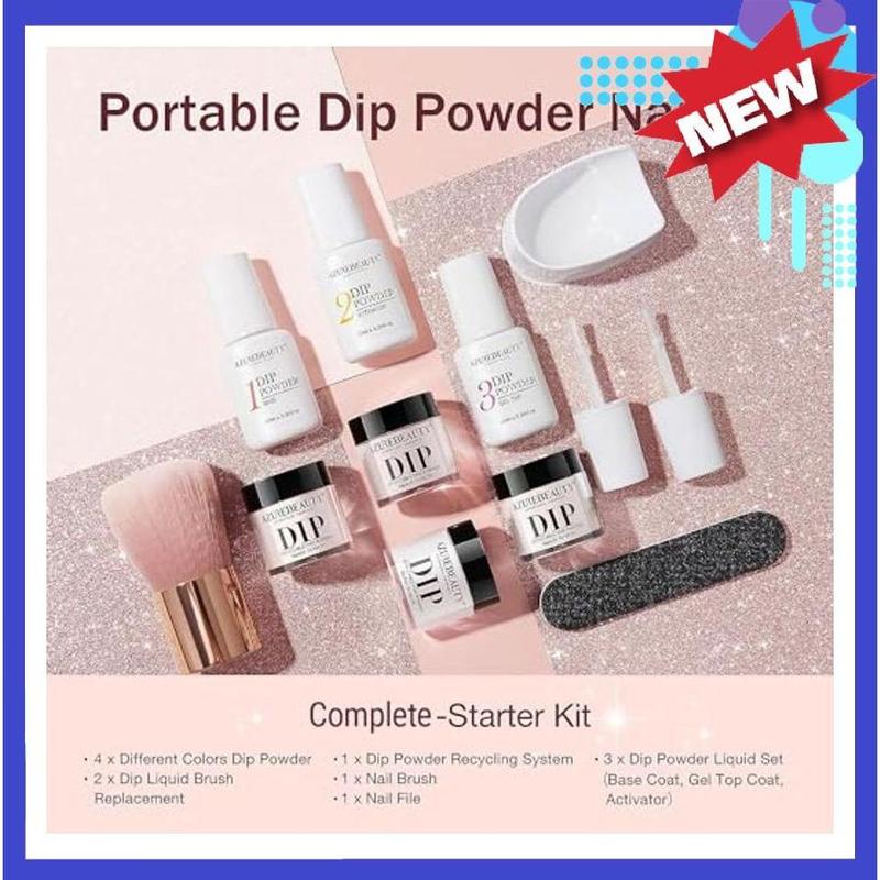 AZUREBEAUTY Dip Powder Nail Kit Starter, All Season Nude Skin Glitter 4 Colors Dipping Powder Liquid Set Recycling Tray with Base & Top Coat Activator for French Nail Art Manicure Salon DIY at Home.