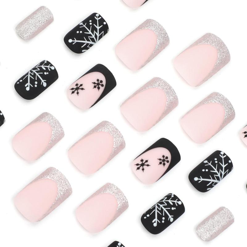 Snowflake Pattern Fake Nails Kit, 24pcs Short Square False Nails for Women & Girls DIY Nail Art, Effortless Press on Nails Manicure Set