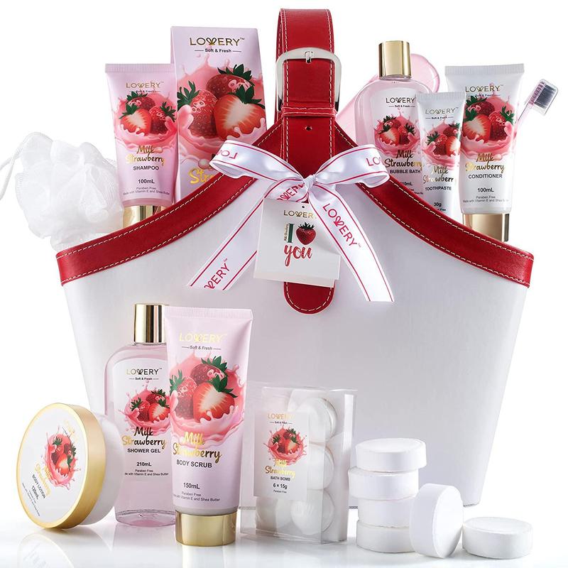 Strawberry Milk Home Bath Gift Set - 25Pc Tote Bag Gift Body Care Kit