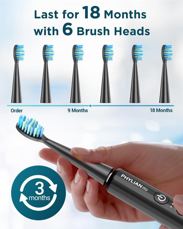 PHYliAN  Sonic Electric Toothbrush Sonic Toothbrush - PHYLIAN U15 Travel Toothbrushes Electric Sonic Toothbrush, Electric Toothbrush with 6 Heads, 4 Modes, Timer-Black Friday Cyber Monday Christmas Day Gift