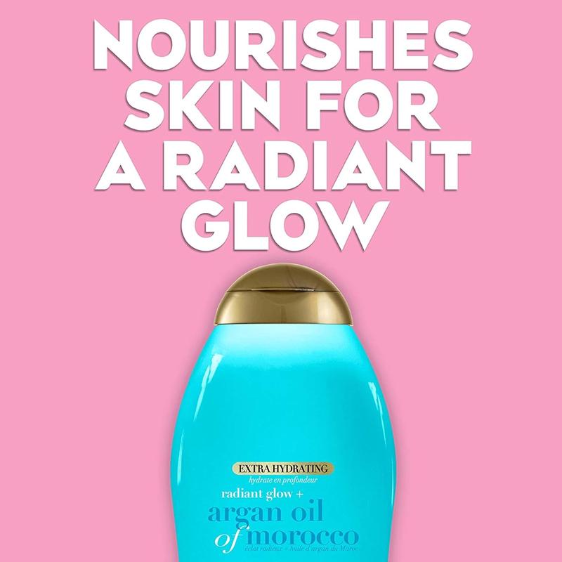 OGX Radiant Glow + Argan Oil of Morocco Extra Hydrating Body Wash for Dry Skin, Moisturizing Gel Body Cleanser for Silky Soft Skin, Paraben-Free, Sulfate-Free Surfactants, 19.5 fl oz