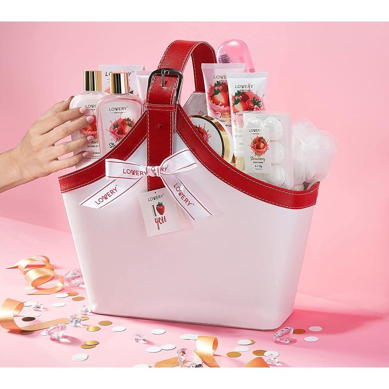 Strawberry Milk Home Bath Gift Set - 25Pc Tote Bag Gift Body Care Kit