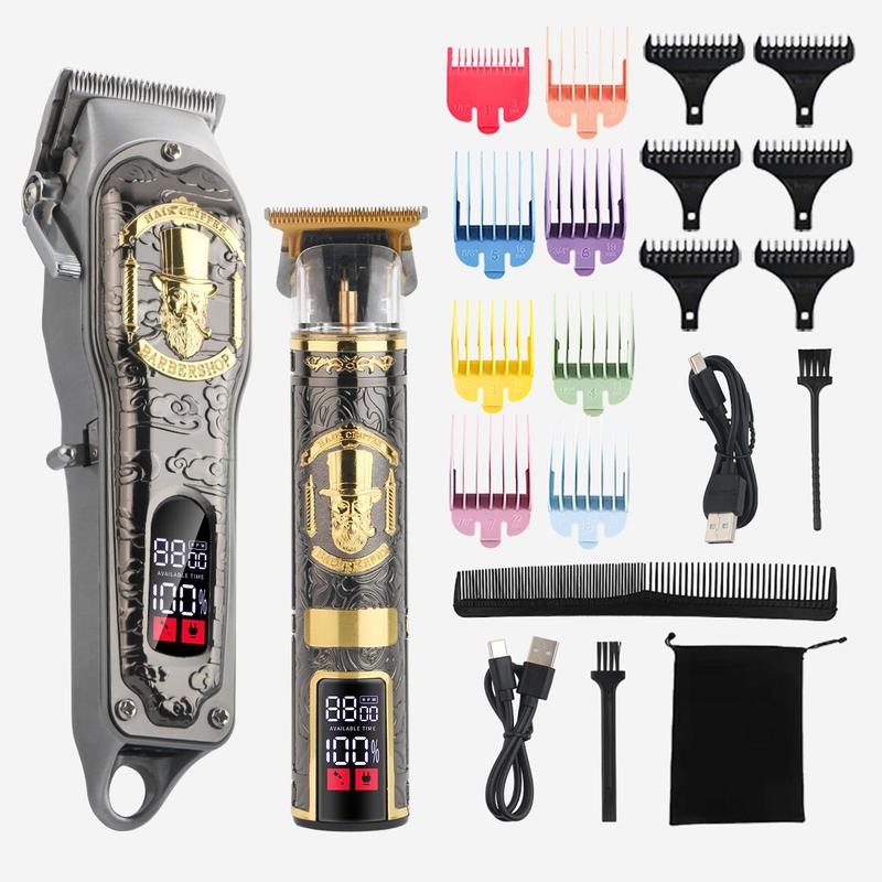 Professional LCD Display Hair Clipper Set, 1 Set Usb Rechargeable Hair Clippers & T-blade Trimmer & Accessories, Hair Cutting Kit for Men