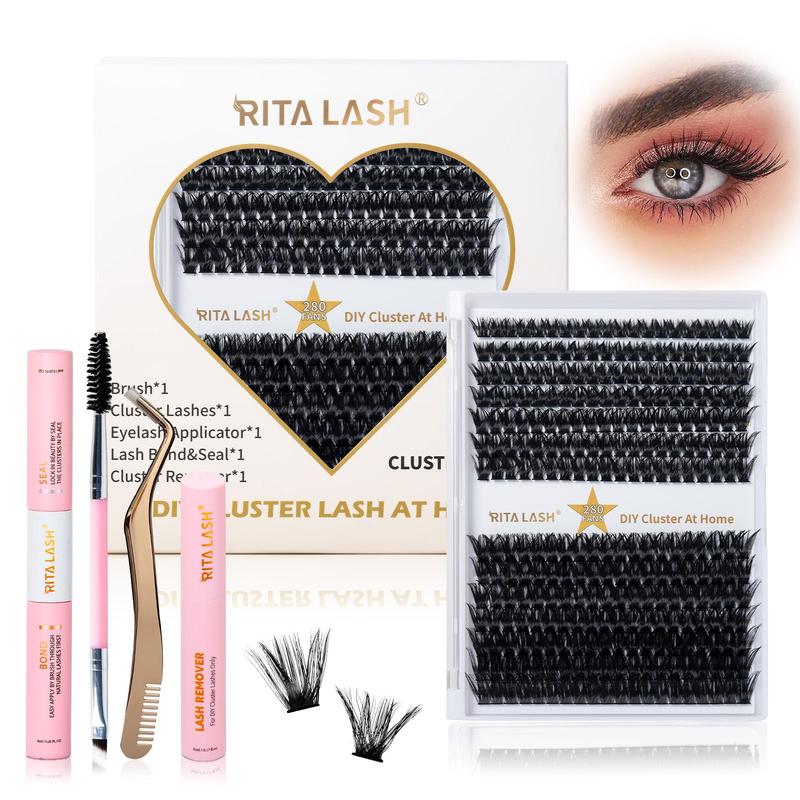 DIY Lashes Extensions Kit, 1 Set Lash Kit with 280pcs D Curl Individual Cluster Lashes, Lash Clusters, Eyelash Extensions Remover, Mascara Brush Lash Applicator, Lashes Glue, Lashes Extension Kit