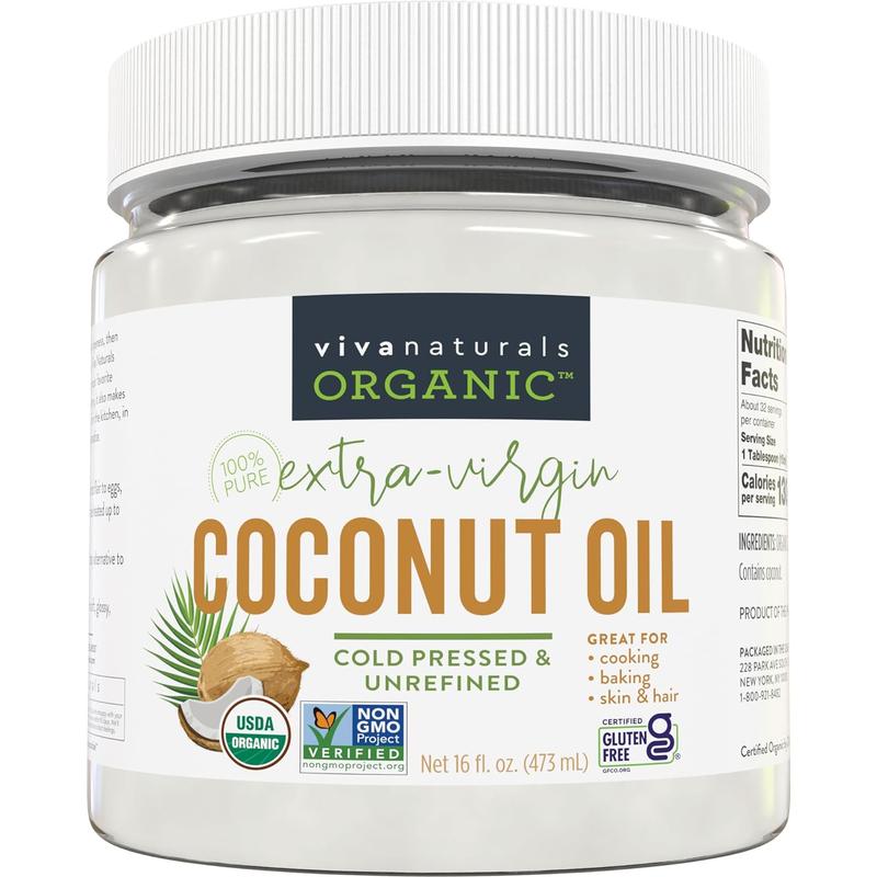 Viva Naturals Organic Coconut Oil Unrefined, Cold-Pressed Extra Virgin USDA Organic & Non-GMO Great as Hair Oil and Skin Oil 16 fl Oz Haircare Hydrate