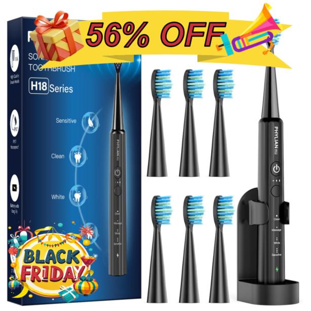 PHYliAN  Sonic Electric Toothbrush Sonic Toothbrush - PHYLIAN U15 Travel Toothbrushes Electric Sonic Toothbrush, Electric Toothbrush with 6 Heads, 4 Modes, Timer-Black Friday Cyber Monday Christmas Day Gift