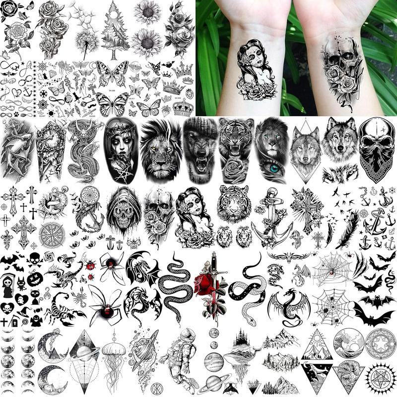 68 Sheets Large Half Arm Sleeve Temporary Tattoos For Men Women Forearm, Tribal Wolf Tiger Lion Owl Skull Temp Halloween Fake Tattoo Stickers Adults, Black Realistic Tattoo Flower Rose Animals