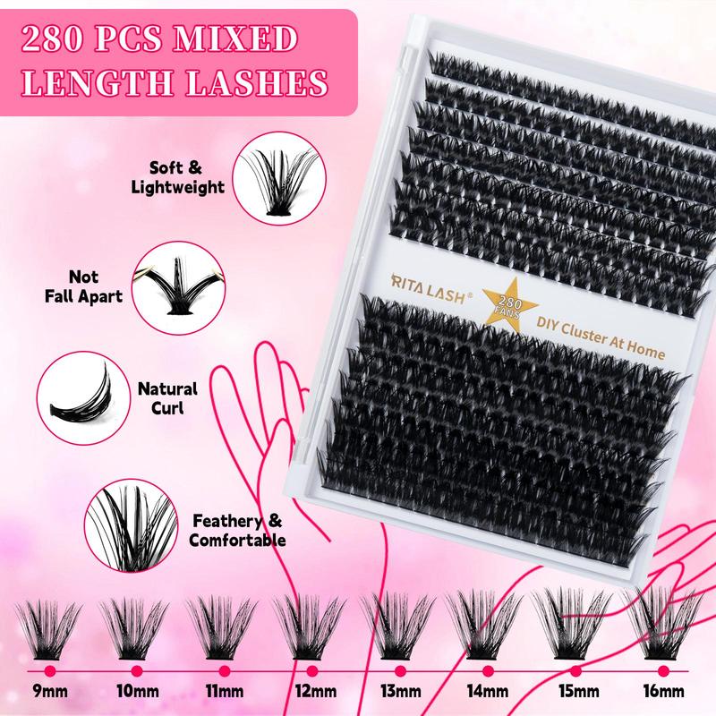 DIY Lashes Extensions Kit, 1 Set Lash Kit with 280pcs D Curl Individual Cluster Lashes, Lash Clusters, Eyelash Extensions Remover, Mascara Brush Lash Applicator, Lashes Glue, Lashes Extension Kit