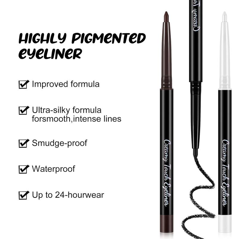 Waterproof Eyeliner Pen,Long-Lasting Cream Eyeliner Pencil,Highly Pigmented Eye Makeup Pen with Up to 24HR,Black Brown White Lipliner Color