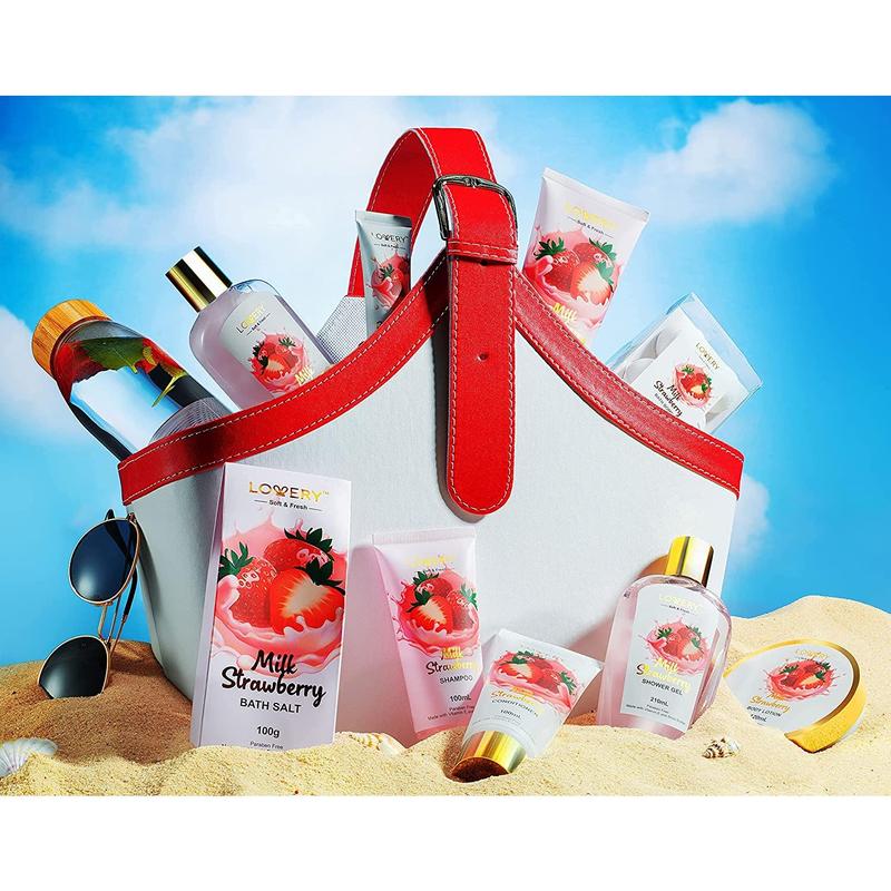 Strawberry Milk Home Bath Gift Set - 25Pc Tote Bag Gift Body Care Kit