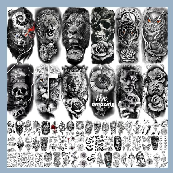 68 Sheets Large Half Arm Sleeve Temporary Tattoos For Men Women Forearm, Tribal Wolf Tiger Lion Owl Skull Temp Halloween Fake Tattoo Stickers Adults, Black Realistic Tattoo Flower Rose Animals