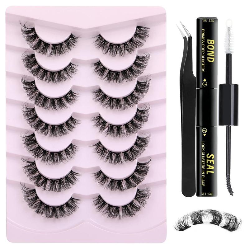 D Curl False Eyelashes with Eyelash Glue & Tweezers, 1 Set Natural Curling Fake Eyelash for Eyelashes Extensions, Volumized Faux Lashes for Makeup Enhancement