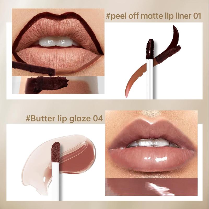 Peel Off Lip Liner Stain Tattoo, Long LastingLip Stain Peel off, Tattoo Nude Lip Liner and Lip Gloss Combo, Non-Stick Cup Nourishing Lip Butter Gloss Set Lipstick Makeup