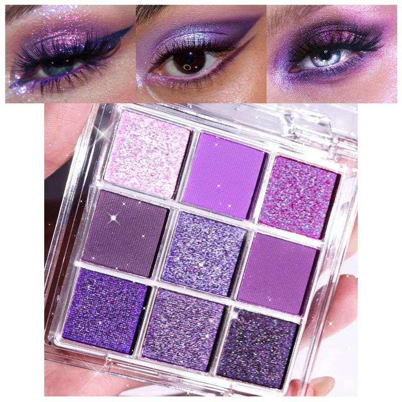 9 Colors Purple Pink Lavender Glitter Shimmer Matte Eye Shadow Palette Makeup Highly Pigmented Waterproof Violet Mauve Dark Purple Silver Pearl White Shimmer Sparkling Party Eyeshadow Palette