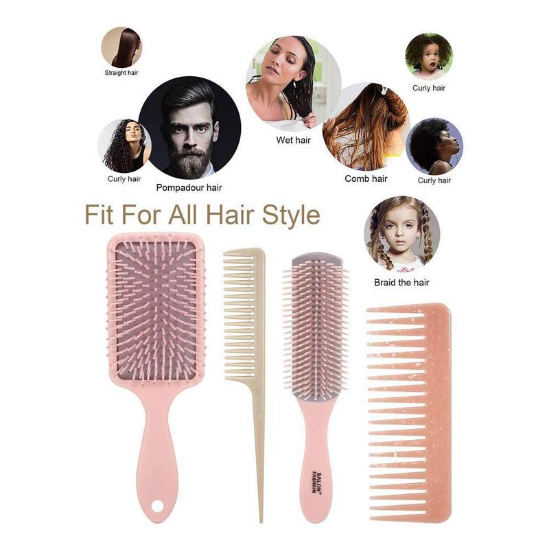 Hair Styling Tool Set, 4 Counts set Hair Brush & Comb, Air Cushion Massage Brush, Rat Tail Comb, 9 Row Massage Comb, Wide Toothed Comb, Travel Essentials