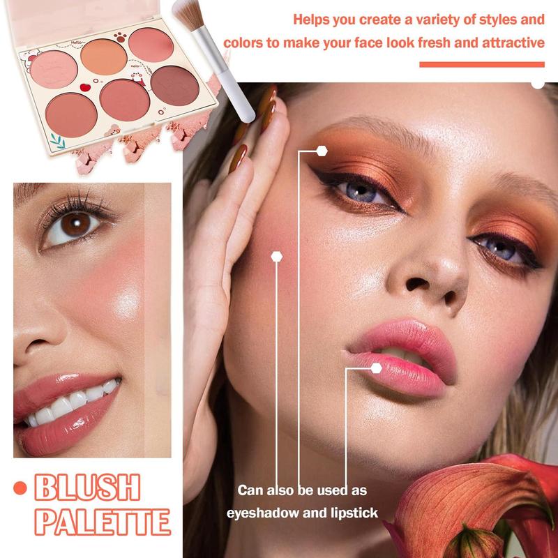 6-color blush palette, shimmer silky matte, professional cute face contour highlight blush palette with blush makeup brush