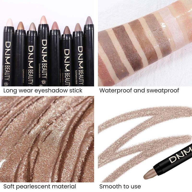 8-Piece Eyeshadow Highlighter Stick Set, Champagne Bronze Cocoa Stone Putty Smoky Amethyst Shimmer Matte Pencil Eyeshadow Smudge Stick Palette Makeup Waterproof