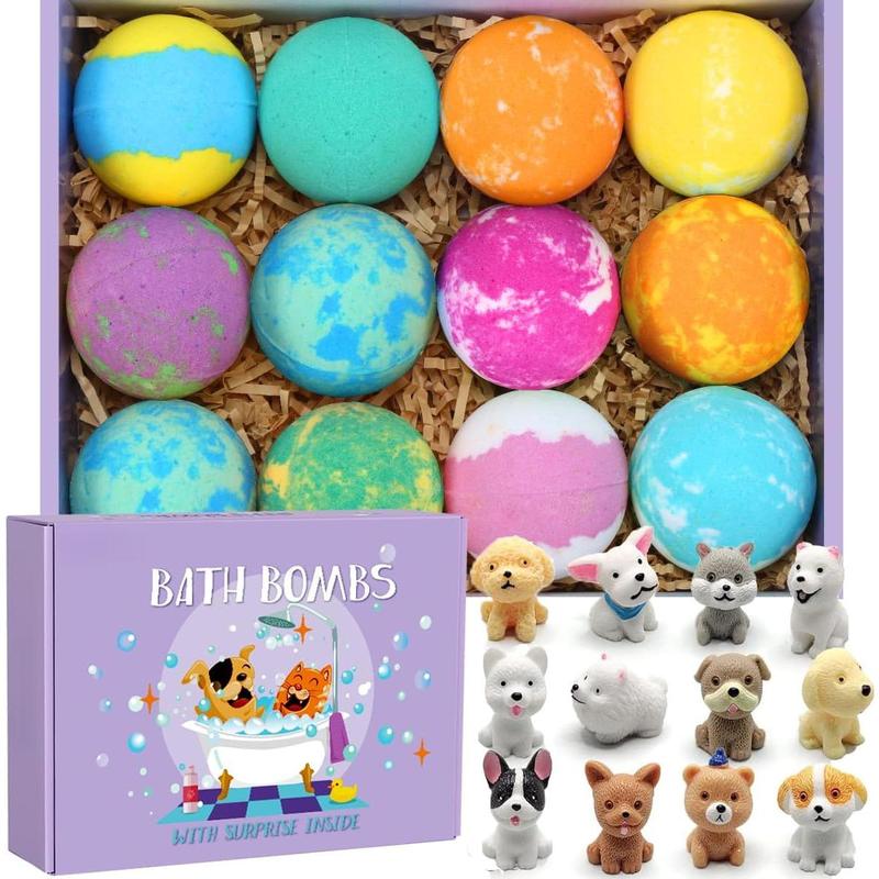 Bath Bombs for Kids with Surprise Toys Inside for Girls Boys - 12 PCs Bubble Bath Fizz Balls Gift Set with Surprised Puppy Toy, Gentle and Kids Safe for Easter Eggs Stuffers Christmas Body Care Bright