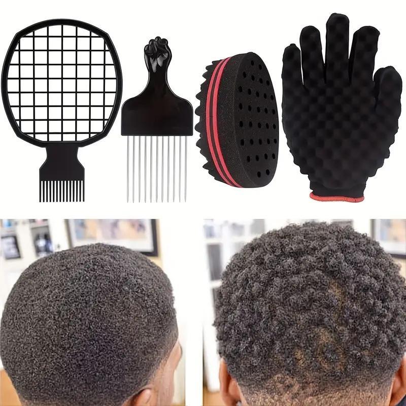 Hair Sponge Brush Set, 4 Counts set Curl Brush Afro Hair Comb, Curly Sponge Glove for Natural Hair Curling, Heatless Hair Styling Tools for Men, Hair Products