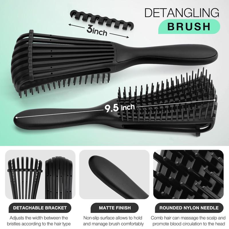 4 count Detangling Brush Set Getting Shine and Makes Hair Smooth, Curly Hair Brush for Adult &  Wet or Dry Hair (3 PCS, Black+Black)