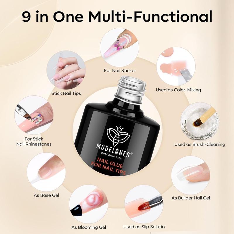 Nail Glue Gel with Top Coat and Nail Prep Dehydrator 3 PCS 15Ml 9 in One Nail Glue Gel Nail Kit for Easy Nail Extension, No Wipe Top Coat modelones modelones modelones modelones