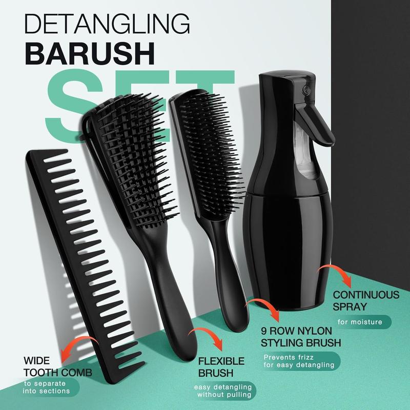 4 count Detangling Brush Set Getting Shine and Makes Hair Smooth, Curly Hair Brush for Adult &  Wet or Dry Hair (3 PCS, Black+Black)