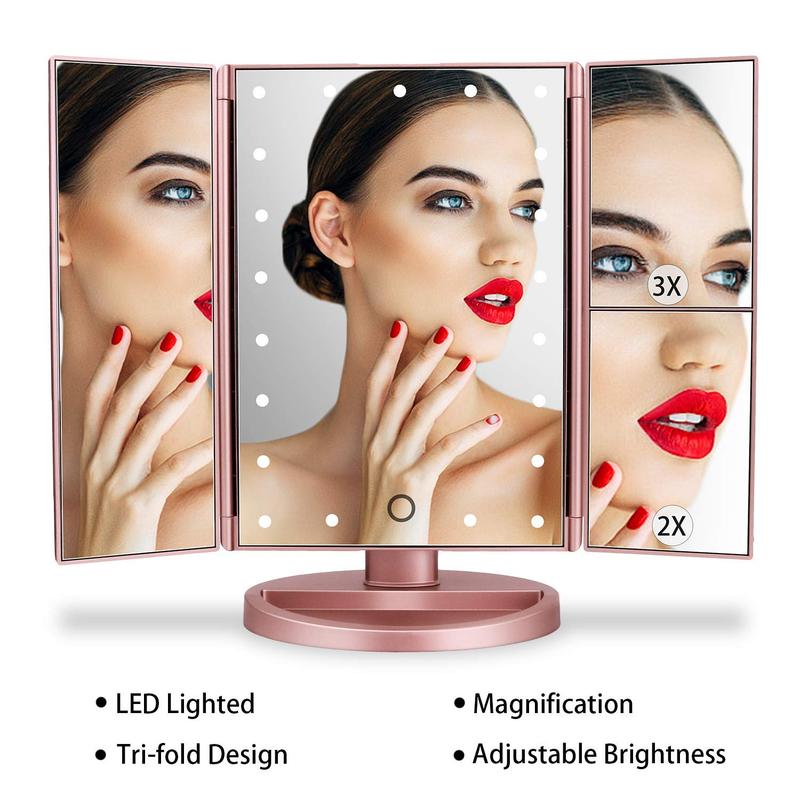 Dresser Mount Tri-Fold Lighted Vanity Mirror with 21 LED Lights, Touch Screen and 3X 2X 1X Magnification, Two Power Supply Modes Make Up Mirror,Travel Mirror