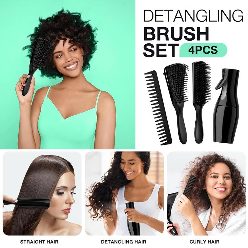 4 count Detangling Brush Set Getting Shine and Makes Hair Smooth, Curly Hair Brush for Adult &  Wet or Dry Hair (3 PCS, Black+Black)