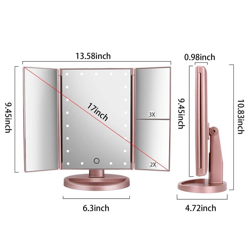 Dresser Mount Tri-Fold Lighted Vanity Mirror with 21 LED Lights, Touch Screen and 3X 2X 1X Magnification, Two Power Supply Modes Make Up Mirror,Travel Mirror