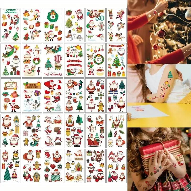 Christmas Cartoon Pattern Temporary Tattoo Sticker, 60pcs set Waterproof Long Lasting Fake Tattoo Sticker, Body Art Sticker for Women & Girls