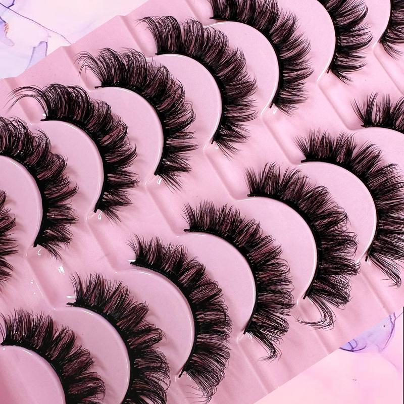 Fluffy False Eyelashes, 10 Pairs Natural Looking D Curl Faux Cluster Lashes, Volumized False Eyelashes for Women and Girls Eye Makeup Enhancement