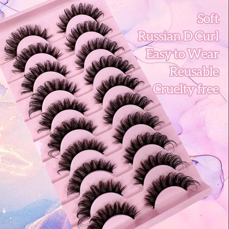 Fluffy False Eyelashes, 10 Pairs Natural Looking D Curl Faux Cluster Lashes, Volumized False Eyelashes for Women and Girls Eye Makeup Enhancement