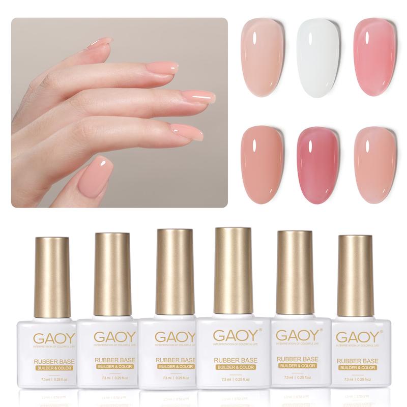 GAOY 6 Colors Rubber Base Gel Set, Jelly Builder Base Nail Gel Nude Sheer White Pink, 2-in-1 Soak Off Base Gel Nail Strengthener