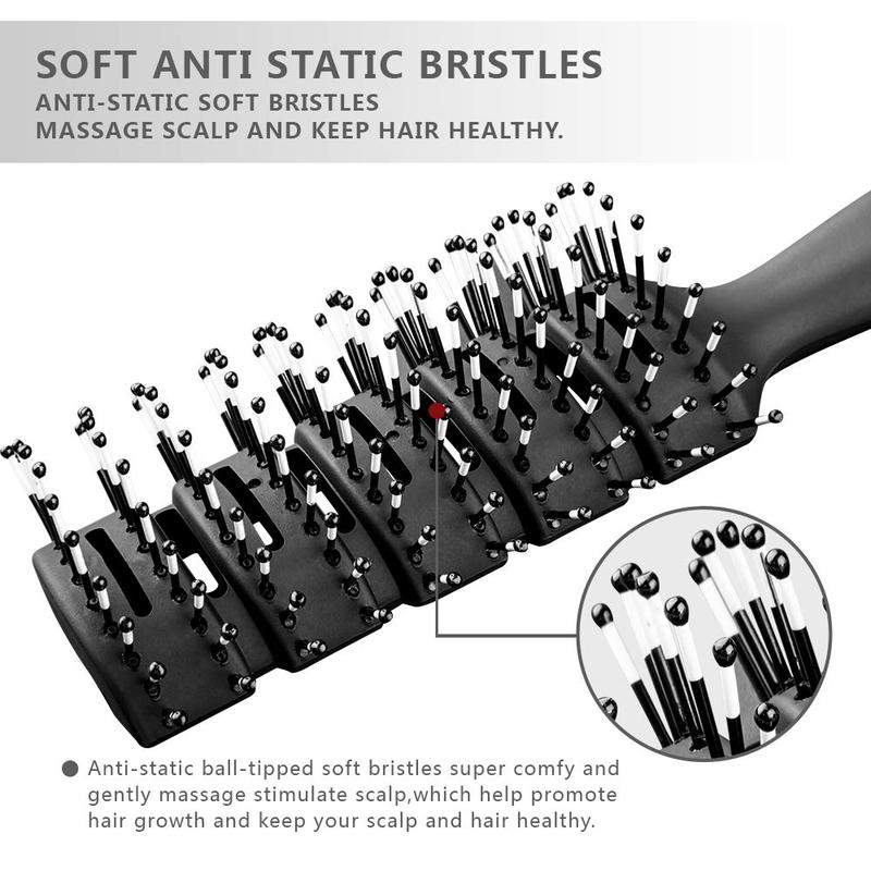 Vented Styling Brush with Ball-Tipped Bristles for Blow Drying Wet, Short, Curly, or Straight  for Men and Women (Black)