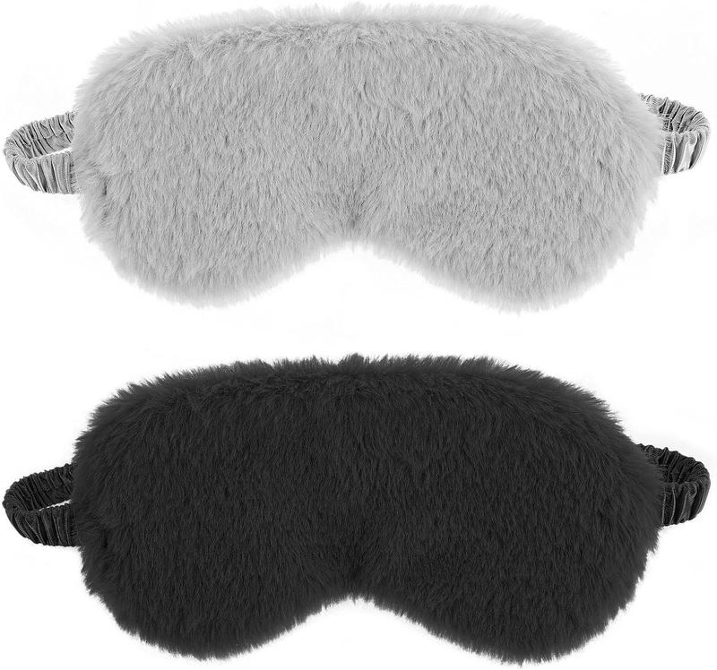 2 count Plush Eye Mask Soft Sleeping Blindfold Eye Cover Comfortable Furry Faux  Sleeping Mask Satin Nap Night Eyeshade Cover for Women Men Gift (Black, Gray) Fluffy Daily