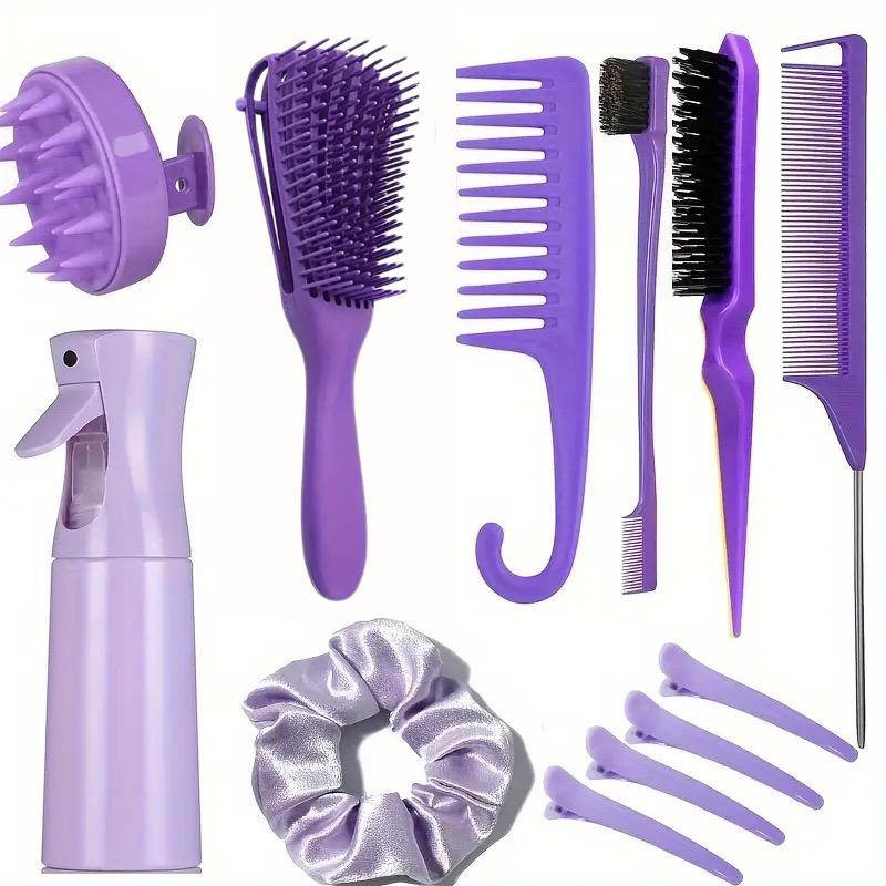 12pcs Set Detangling Brush And Comb Set, Wide Teeth Hair Comb Rat Tail Comb Teasing Hair Brush Spray Bottle Alligator Clips Haircare Heatless Lightweight