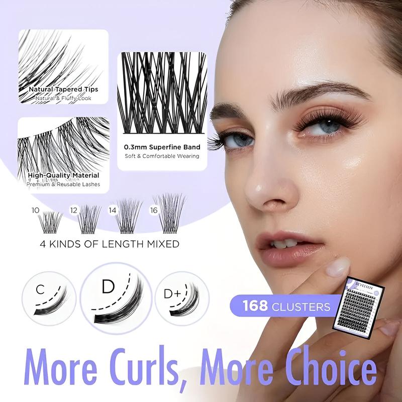 Beyelian 168 PC DIY Cluster Lash Kit – 12 Rows Eyelash Extensions with 48-Hour Long-Lasting Bond & Lock